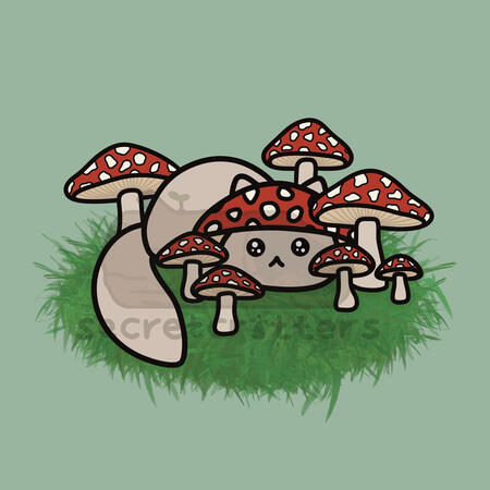 Original character design of a beige cat wearing a mushroom as a hat to camouflage in her surroundings