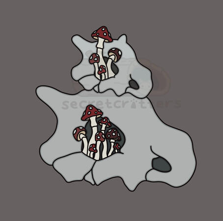 Artwork of skulls from character 'Cubone' from franchise 'Pokémon', with mushrooms growing through the eye sockets
