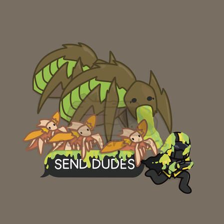 Artwork of a Helldiver running from Terminids with a 'Send Dudes' message notification, from franchise 'Helldivers'