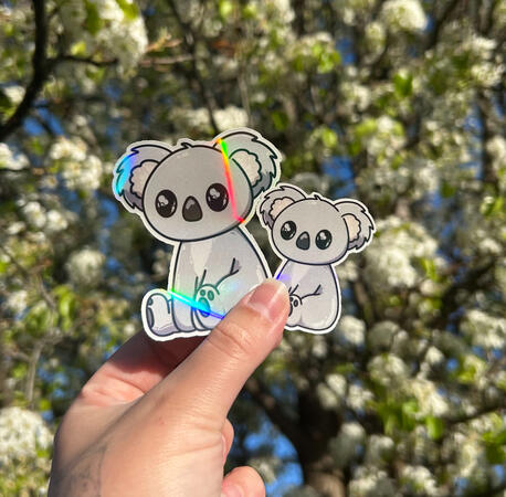 Handmade koala die cut stickers. Printed on printable sticker paper, protected with holographic laminate and cut using Cricut Explore 4.